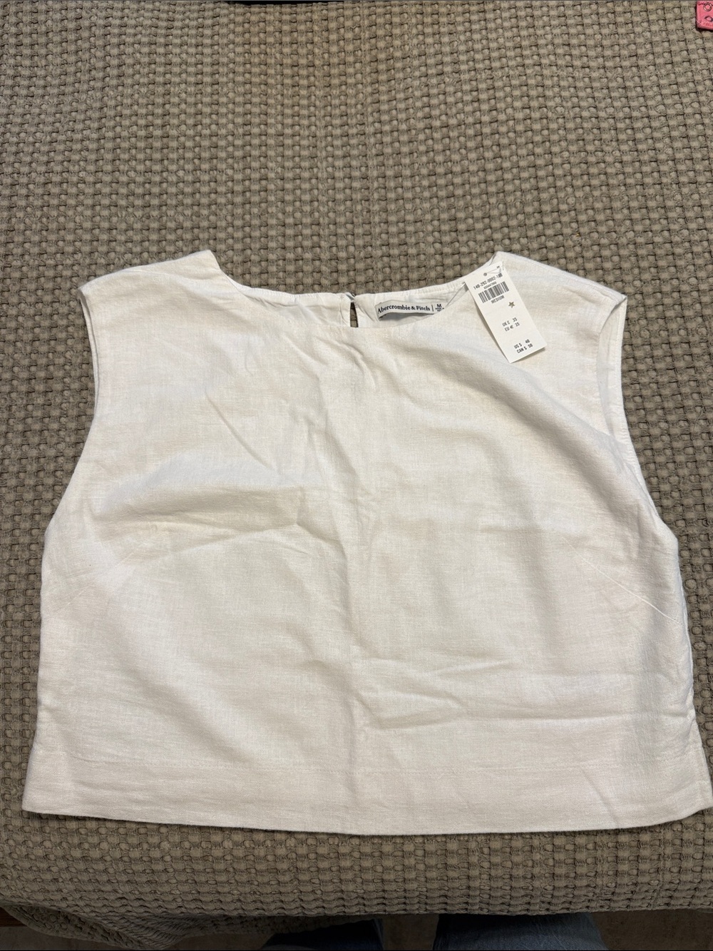 Abercrombie & Fitch White Linen-Blend Sleeveless Boxy Camisole